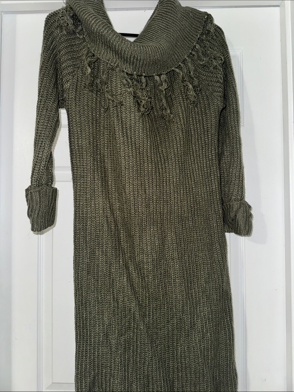 Olive Green Knit Sweater Dress with Cowl Neck